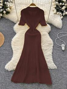 优雅休闲女士针织连衣裙，时尚通勤办公装，修身显瘦针织连衣裙，翻领设计，荷叶边袖口，街头风女装，适合正式晚宴、派对、约会、婚礼、生日等场合，春夏皆宜。 - 咖啡棕 - 查看 2