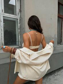 2026 Spring/Summer 3-Piece Set For Women, Striped Chic Retro Style Tube Top, High Waist Shorts, Long Sleeve Shirt, Apricot Color, Resort Wear, Beach Vacation Outfit, Y2K Style, Casual Outing Set, Holiday Matching Set, Street Fashion Elegant - Apricot - View 5