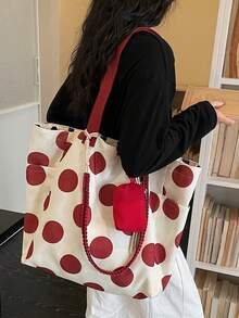 peach tree Reversible Polka Dot Canvas Tote Bag, Large Capacity Commuter Shoulder Bag With Coin Purse, Versatile Casual Handbag For Women, College Students, Travel, Holiday, Back To School, Valentine's Day Gift - Multicolor - View 7