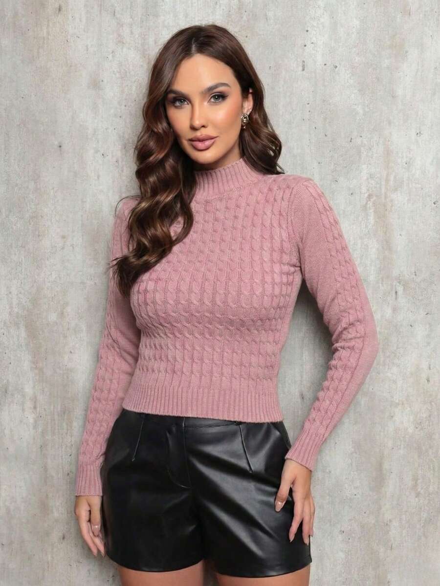Women's Knit Blouse With Braided Modal Design, Turtleneck Style, Elegant Winter/Office Style, Uzze - Light Pink - View 1