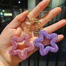 Women's New Fashionable Cute Shiny Pentagram Keychain, Ceramic Rhinestone Star Keyring, Bag/Car Key Decor, Holiday Gift - Multicolor - View 4