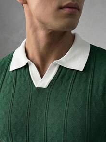 GRDR 男士春夏翻领短袖菱格纹拼接修身休闲时尚针织Polo衫 - 綠色 - 查看 4