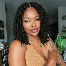 12英寸V型辫子假发，短款黑色卷曲合成辫子假发 - 黑色 - 查看 5