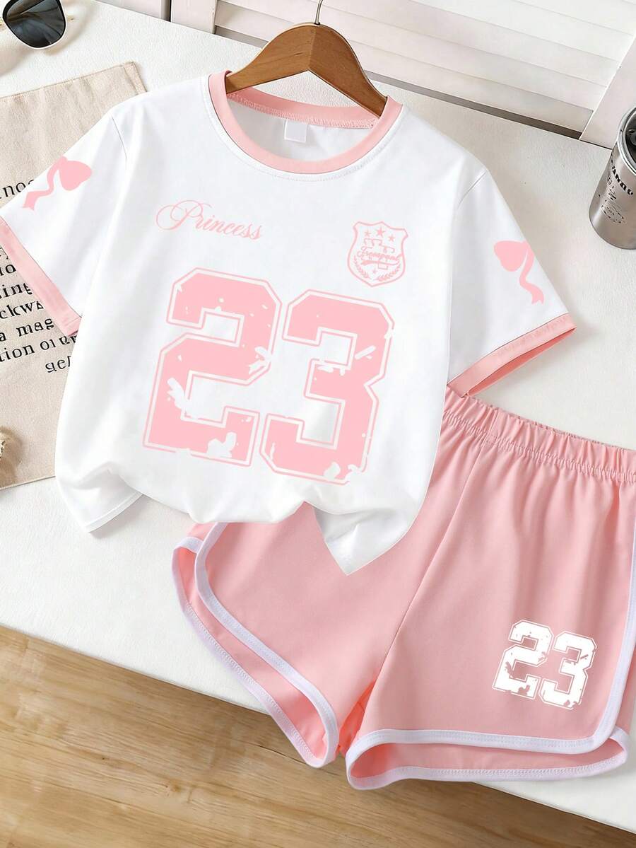 Bộ 2 món áo nỉ in chữ "Sweet 23" cho bé gái, mềm mại và thoải mái, áo tay ngắn và quần short, thích hợp mặc thường ngày vào mùa hè. - Hồng - Xem 1