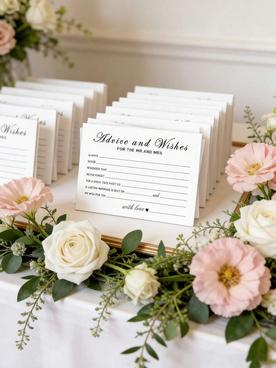 50 piezas Tarjetas de consejos para la novia y el novio, tarjetas de consejos de papel blanco simple para celebración de bodas, compromiso, recién casados, perfectas para decoración de fiesta de bodas/despedida de soltera, suministros de boda, boda, verano - Blanco - Ver 1