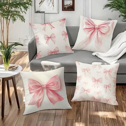 4pcs Pillowcase Set Featuring A Pink Bow As The Centerpiece. Differentiated Designs Include Dense Small Bow Patterns And Large Bow Close-Ups, With A Primary Color Palette Of White And Light Pink. The Watercolor-Inspired Visual Style Creates A Sweet