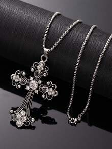 1件巴洛克十字项链，欧美嘻哈复古风格镶嵌大十字不锈钢项链，批发男士长款毛衣链和女士日常配饰 - 十字 - 查看 5