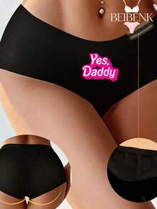 BEIBENK Yes Daddy Pink Text Black Underwear For Women Sexy And Playful Design Perfect For Intimate Moments And Romantic Gifts  And Bold Style,,Women Briefs, Sexy Seamless Breathable,Ice Silk Panties, Panties For Women,Ropa Interior Demujer - 黑色1 - 查看 2