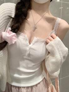 Spring/Summer Sexy Lace Patchwork Button Gentle Innerwear Lightweight Slightly Sheer Sweet Girl Camisole Casual White - White - View 4