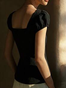 Elegant French Style Solid Color Square Collar Short Sleeve Blouse For Women, Spring/Summer, Fitted Design, Unique Black - Black - View 4