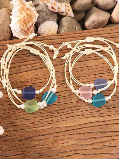 1 Peça Pulseira Trançada Ajustável de Estilo Casual com Vidro do Mar Colorido, Acessório Minimalista com Tema Oceânico Único para Mulheres