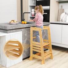 COSTWAY Toddler Standing Tower, Bamboo Kids Kitchen Step Stool With 4-Level Adjustable Height, Safety Rails And Anti-Tip Feet For 18+ Months, Natural - Apricot - View 3