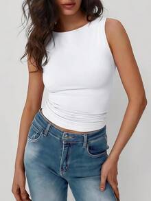 OUTBALL Women's White Boat Neck Sleeveless Tank Top Polyester Medium Stretch Cropped Cami For Summer - 白色 - 查看 3