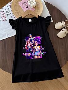 1 Stück Mädchen Kleid mit Rüschenärmeln, mit "NOVA BEAT" koreanischem Grafikdruck, weicher & angenehmer Stoff, geeignet für den täglichen Gebrauch, lässige Unternehmungen und Frühlings-/Sommerfeste - Schwarz - Übersicht 2