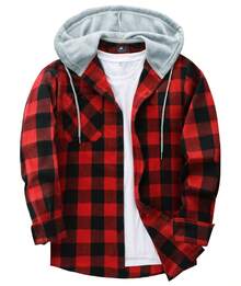 Men's Plaid Flannel Hooded Shirt Jacket Casual Button Down Shacket With Drawstring Hood For All Seasons - Red - View 7