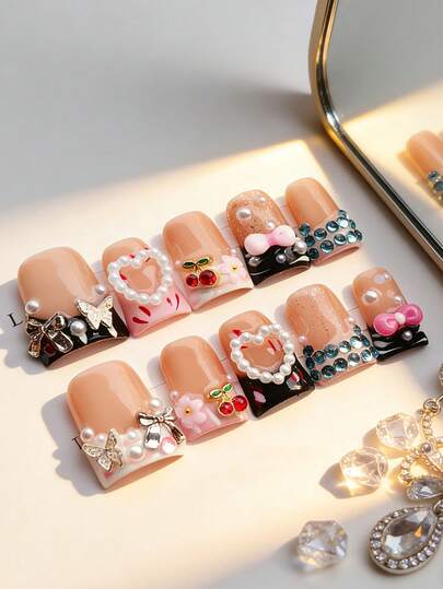 10pcs/Set Handmade French Manicure Nail Stickers With Rhinestone Butterfly & Heart Designs, Short Length Colorful Artificial Nails