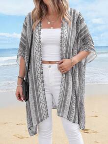 Summer Kimonos For Women Boho Floral Short Sleeve Flowy Cardigans Swimsuit Beach Cover Ups For Women - 灰色印花 - 查看 5