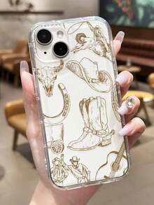 1pc Western Style Line Drawing Horse, Cow Bone & Musical Guitar Pattern Soft Anti-Slip Phone Case Compatible With IPhone 11/12/13/14/15/16 Pro Max Waterproof Shockproof Anti-Fall Scratch Resistant - style1 - 查看 2