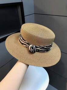 1pc Women's Wide Brim Flat Top Hat, Black Woven Band Fashion Straw Hat, Beach Hat,Summer - Hat - View 2
