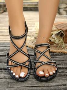 Women's Fashion Luxury Rhinestone Criss-Cross Strap Flat Sandals, Suitable For Beach Vacation, Casual Daily Wear And Dates - Black - View 5