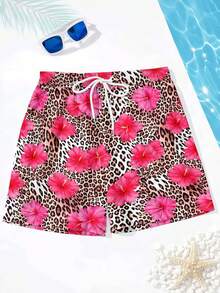 Quần short nam dáng casual, họa tiết da báo và hoa dâm bụt hồng, cạp chun, có dây rút. - Nhiều màu - Xem 2