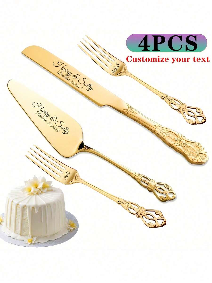 Bộ 4 dao nĩa bằng thép không gỉ mạ vàng, khắc chữ theo yêu cầu, kiểu dáng sang trọng châu Âu mới năm 2025, dao cắt bánh ngọt, thích hợp làm quà tặng cho gia đình và bạn gái, quà sinh nhật/ngày lễ/kinh doanh/đính hôn/kỷ niệm ngày cưới/Giáng sinh - sự lựa chọn tốt nhất. - Nhiều màu - Xem 1
