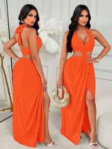 AIJ Amarilo Sexy Party Spaghetti Strap Sleeveless Bodycon Knit Maxi Dress With Alluring Thigh-High Slit Elegant Summer - Orange - View 3