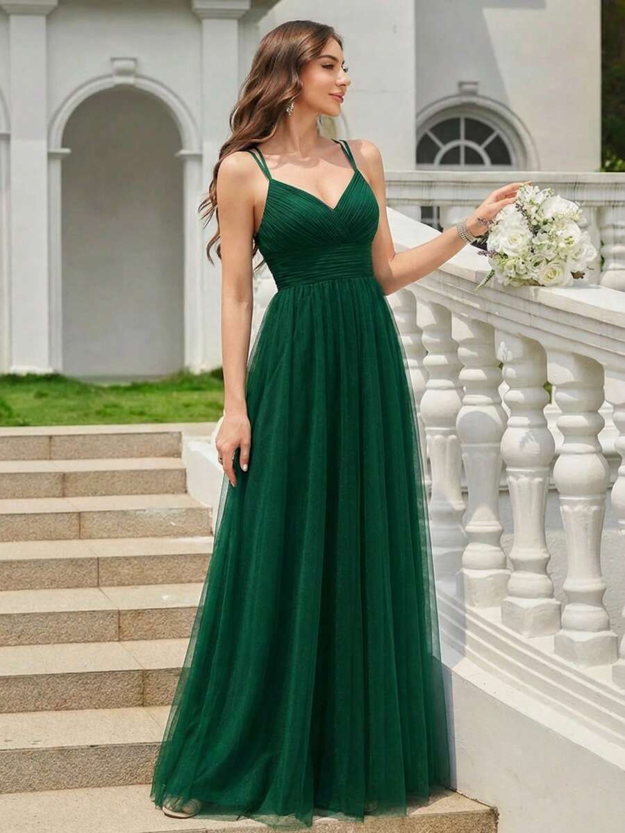 EVERPRETTY Elegant Lace Contrast Mesh Backless Bridesmaid Dress In Deep Green, Suitable For Weddings, Vacations, Birthdays, Graduations And Other Occasions Spring