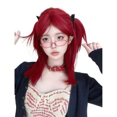 alicegarden 18-Inch Long Synthetic Wig Featuring A Natural Straight Style A Stunning Red. It Is Crafted From Heat-Resistant Fiber To Ensure Durability. This False Hairpiece Is Perfect For Daily Use, Offering A Natural And Realistic Appearance That Mimics. (Excluding Accessories)