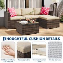 5-Piece Outdoor Sectional Sofa Set, All-Weather PE Rattan Patio Furniture With Ottoman & Tempered Glass Table, Convertible Garden Couch For Backyard, Porch, Poolside - Nâu/Kaki - Xem 4