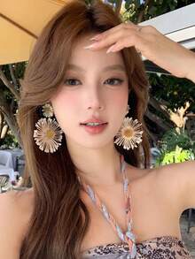 2件套时尚夸张雏菊耳环，3D编织设计金属质感耳环，个性度假风配饰，适合派对、聚会和购物，女士西部风垂坠耳环 - 多色2 - 查看 1
