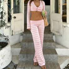 Women's Striped Fold Over Lounge Pants Low Rise Wide Leg Yoga Sweatpants Stretchy Bell Bottoms Leggings Roll Over Pants - Hồng - Xem 2
