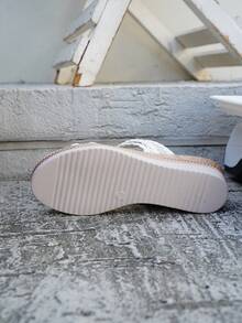 Women's Summer Fashion Wedge Thick Bottom White Woven Rhinestone Decor Sandals, Casual Comfortable Versatile Outdoor Wear Open Toe Non-Slip Beach Sandals, Vacation Style Slip-On Solid Color Sandals - White - View 7