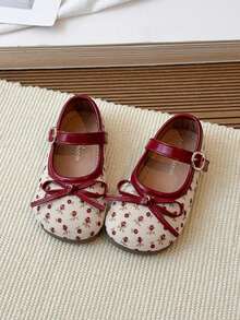 1 Pair Girls' Ditsy Floral Minimalist Bow Imitation Shoes, Fashionable & Elegant Spring/Autumn Campus Style Shoes - Red - View 16
