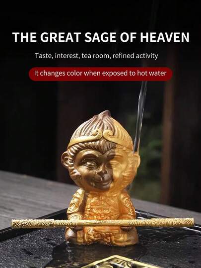 Farbenfrohe Tee-Haustier Qitian Großer Heiliger Ornament Boutique mit goldenem Reif Stab