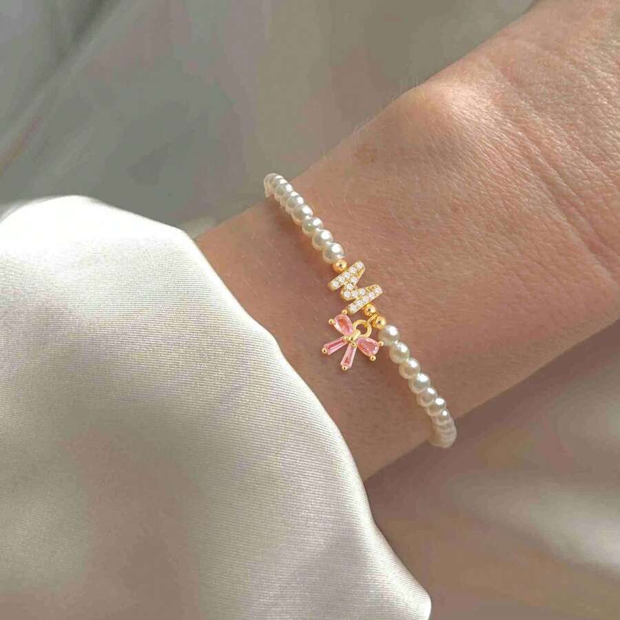 1 pièce Nouveau bracelet vintage avec nœud et initiale, bracelet de perles de faux-perles pour femmes - Blanc - Voir 1