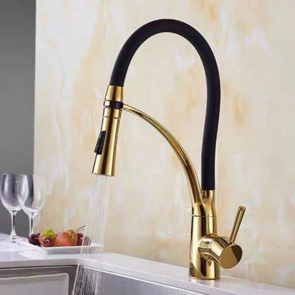 Robinet de cuisine escamotable avec tête de pulvérisation en silicone souple, monotrou, design col de cygne haut et moderne