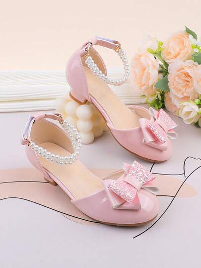 Flower Girl Shoes For Wedding, Party, Holiday, Suitable For Toddler, Little And Big Girls, Classic Comfortable Versatile Pearl Pink Formal Dress Shoes, Chunky Heels, Ballet Shoes, Peep Toe, Ankle Strap Sandals, Elegant High Heels, Suitable For Summer