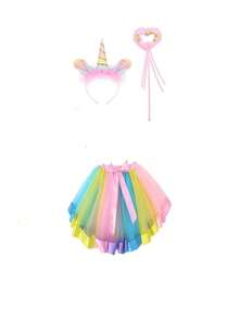 3件套独角兽服装套装 | 彩虹薄纱连衣裙和发饰 | 适合生日派对、舞蹈表演和角色扮演 - 彩色 - 查看 2