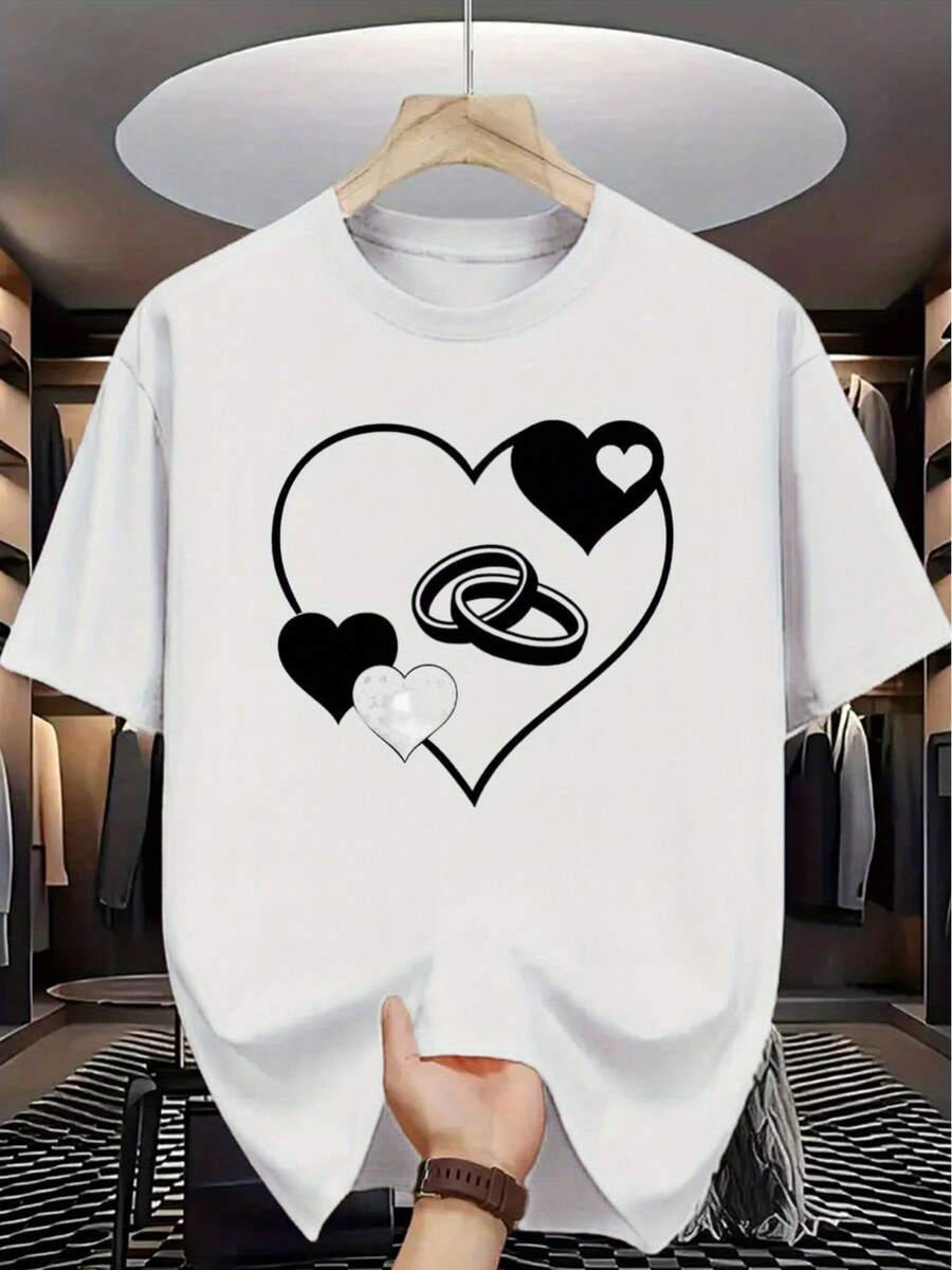 Camiseta Casual de Manga Corta para Hombre - Diseño con Estampado de Anillo en Forma de Corazón, Cuello Redondo, Camiseta Cómoda, Camiseta para Enamorados, Camiseta para Hombre, Camiseta con Estampado de Corazón - Blanco - Ver 1