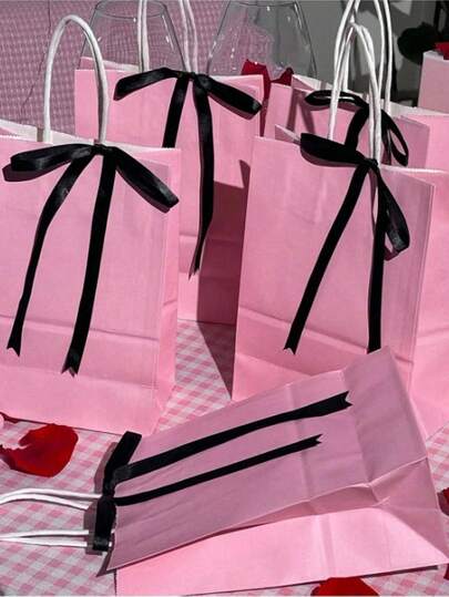 Pink Gift Bag With Black Bow Design, Suitable For Mother's Day, Birthday, Party Favors, Theme Parties, Desktop Decor, Weddings, Bridal Showers (With Handles)