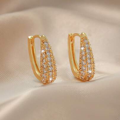 1 Đôi bông tai hình chữ U sang trọng, đính đá Cubic Zirconia, trang sức vàng óng ánh, thích hợp cho nữ giới đeo hàng ngày, quà tặng dịp lễ.