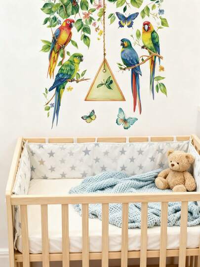 Green Plant Bird Wall Stickers, Removable Waterproof PVC Decals, Self-Adhesive Murals For Living Room Bedroom Nursery Balcony Home Decor, Aesthetic Nature Themed Wall Art For Spring Summer Decoration