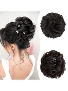 1pc Messy Hair Bun Clip Claw Jaw Wave Curly Hair Updo Clamp Ponytail Hairpin Synthetic Hair Hairpiece Suitable For Women - Natural Black - 黑棕色 - 查看 13