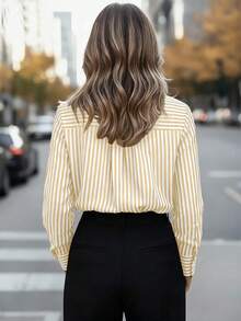Blusa de mujer de manga larga con cuello puntiagudo y bolsillos con botones, a rayas, de estilo casual básico, adecuada para uso diario en la oficina, otoño/invierno/primavera - Amarillo CS046-1 - Ver 3