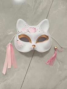 Máscara facial con diseño de cara de gato a juego, máscara facial de estilo japonés con diseño de cara de zorro pintada a la mitad, máscara facial con diseño de cara de gato, de gran - Ver 7