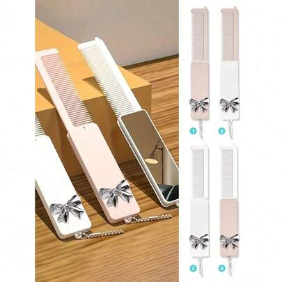 一款二合一折叠梳子化妆镜，配有Y2K银色立体蝴蝶结配件，可爱蝴蝶结便携式梳子带镜子钥匙扣，适合女性和女孩，可用作钥匙扣或包包挂件——便携式个性化镜子，手持镜带挂链，桌面摆放，现代旅行美容工具