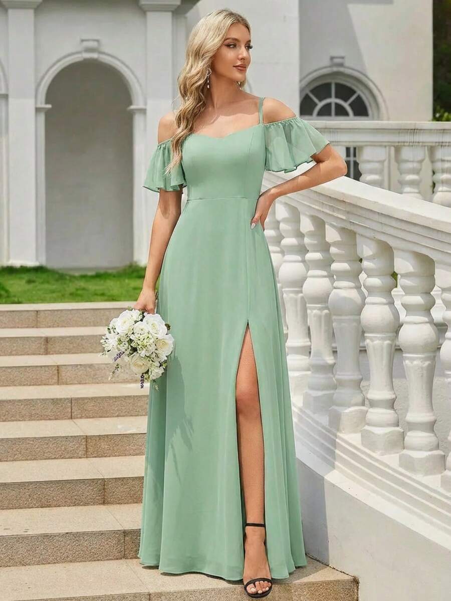 EVERPRETTY Graceful Elegant Off-Shoulder Chiffon Long Sage Green Bridesmaid Dress, Suitable For Wedding And Graduation Ceremony Spring/Summer Wedding Guest Dress