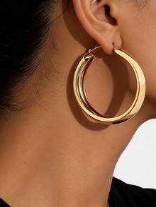 1 Pair Women's Minimalist Wide Double-Layer Gold Hoop Earrings, Elegant For Commuting And Party - Yellow Gold - View 4