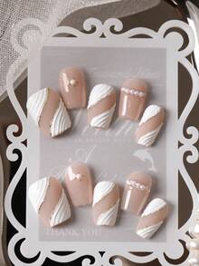 10pcs Press On Nails White Thread Golden Thread Press On Nail Supplies Fake Nails Short Office DailyWear False Nails Artificial Nails Kit Includes 1sheet Adhesive Tabs &1 Pc Mini File - Multicolor - View 1